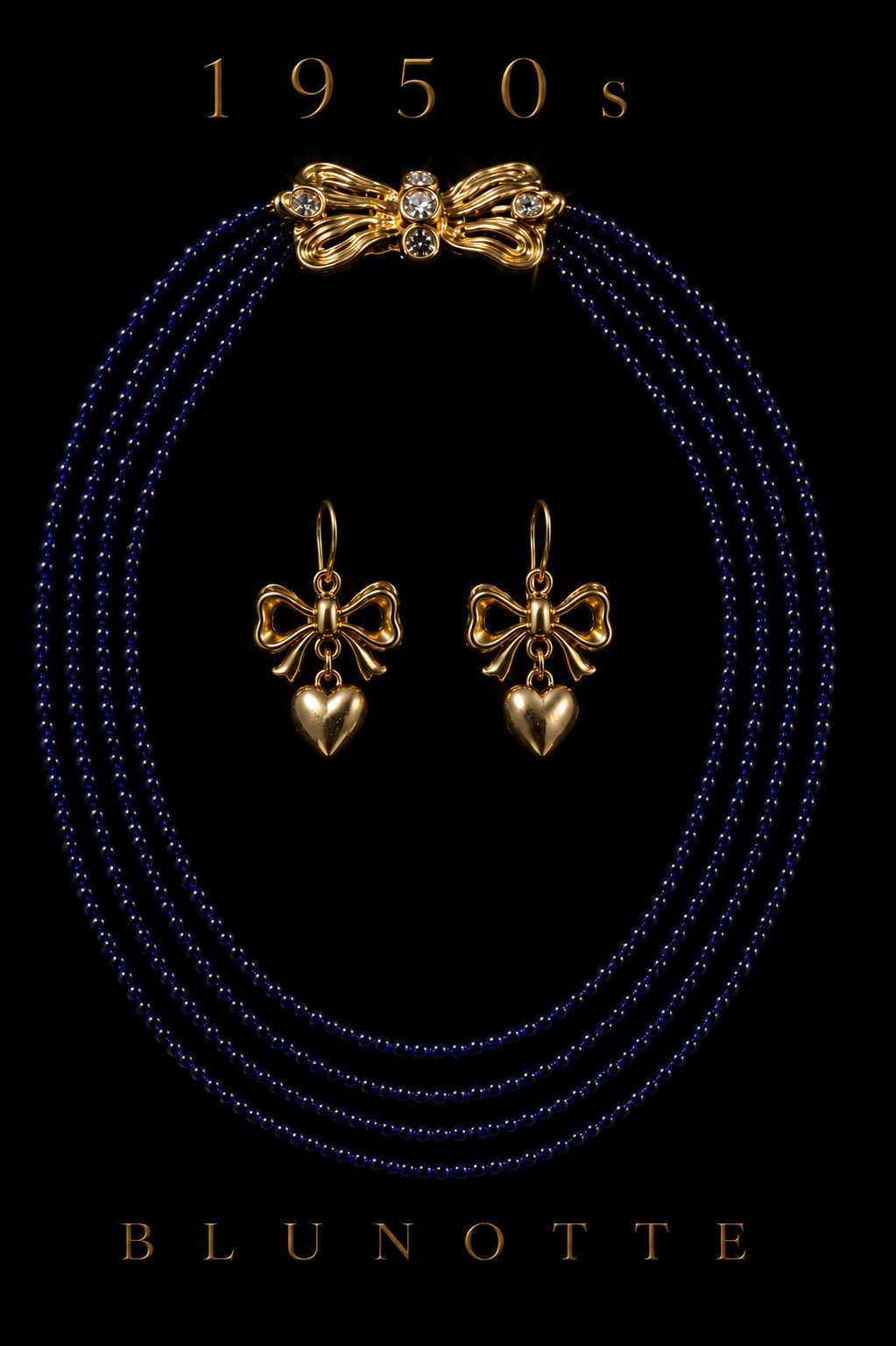 Parure BLU NOTTE americana anni ‘50 collana con fiocco in bagno oro e orecchini coordinati