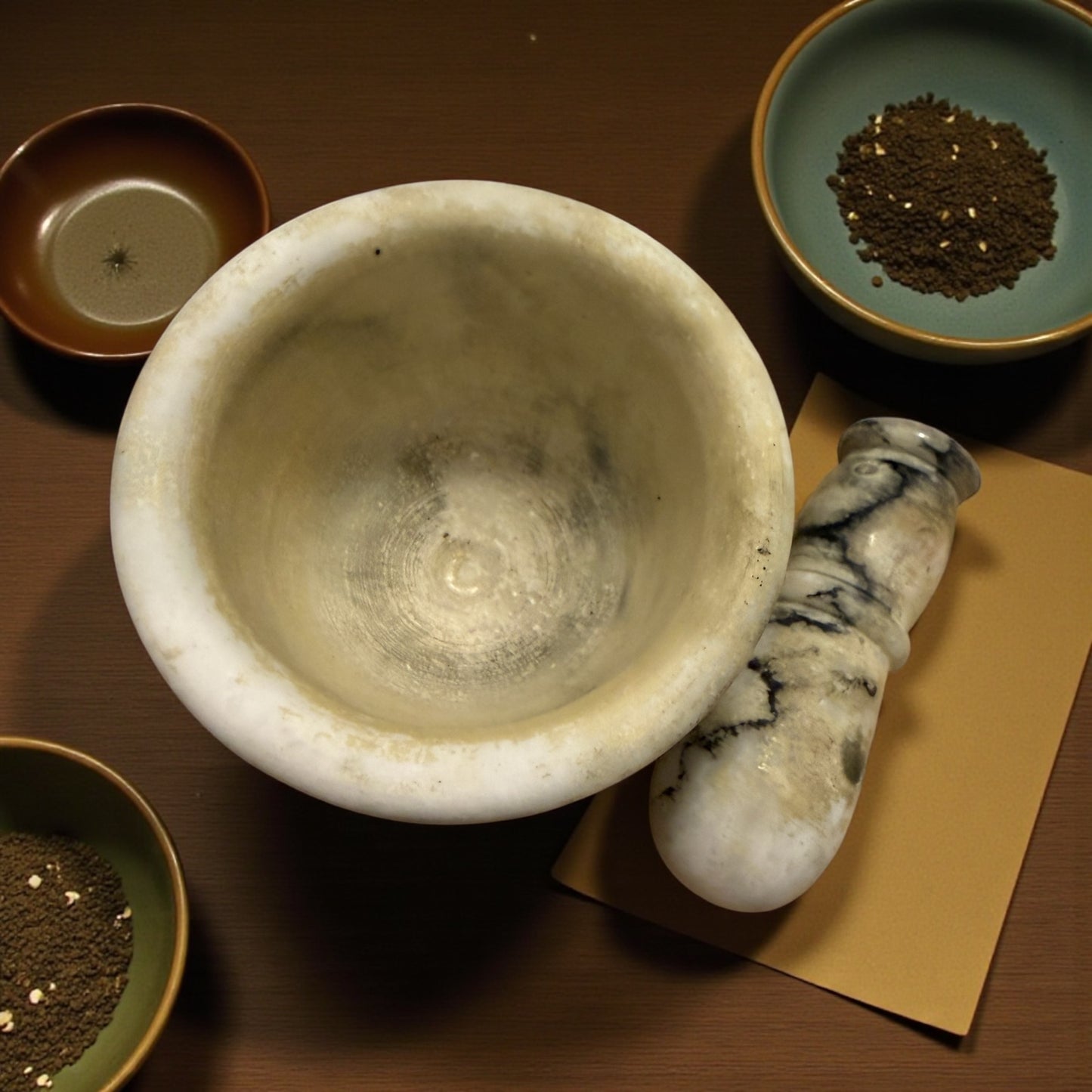 Mortaio cinese con pestello per medicamenti in pietra ollare ￼