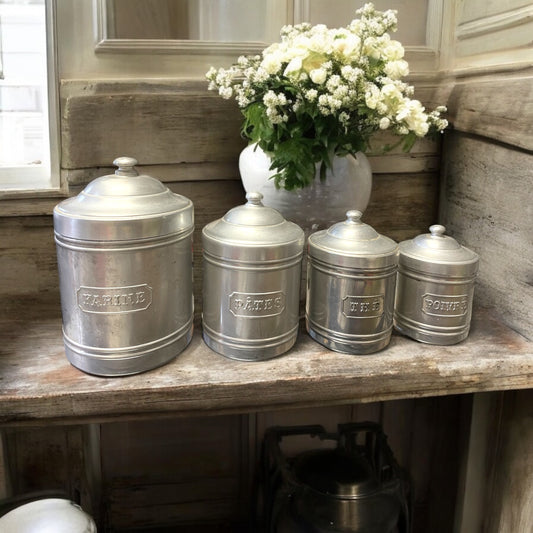 Set 4 barattoli da cucina vintage in alluminio provenzali anni 40 con targhette