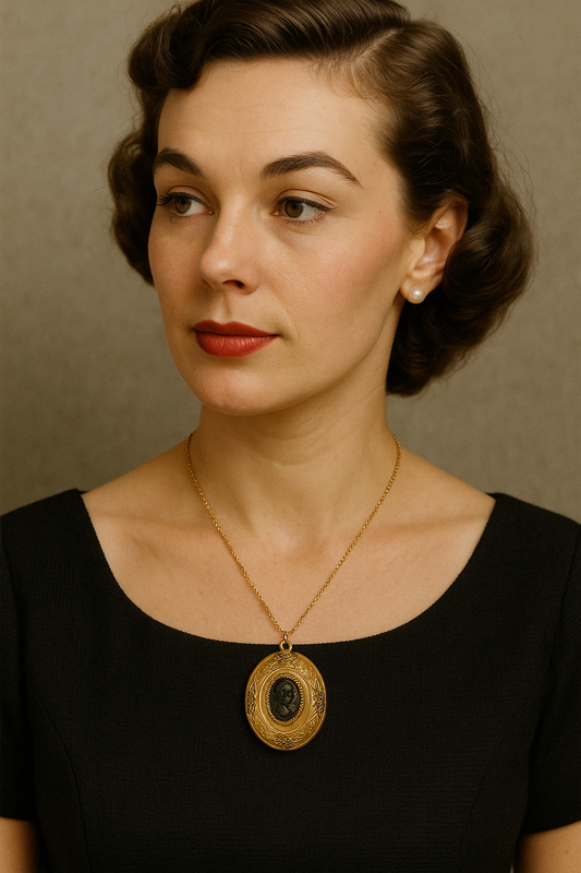 Pendente gioiello firmato Coro, bigiotteria americana con cameo, apribile, anni ‘50 - ‘60