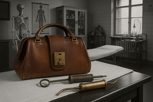 Lotto medicale borsa da medico condotto e due strumenti irrigatori vaginali