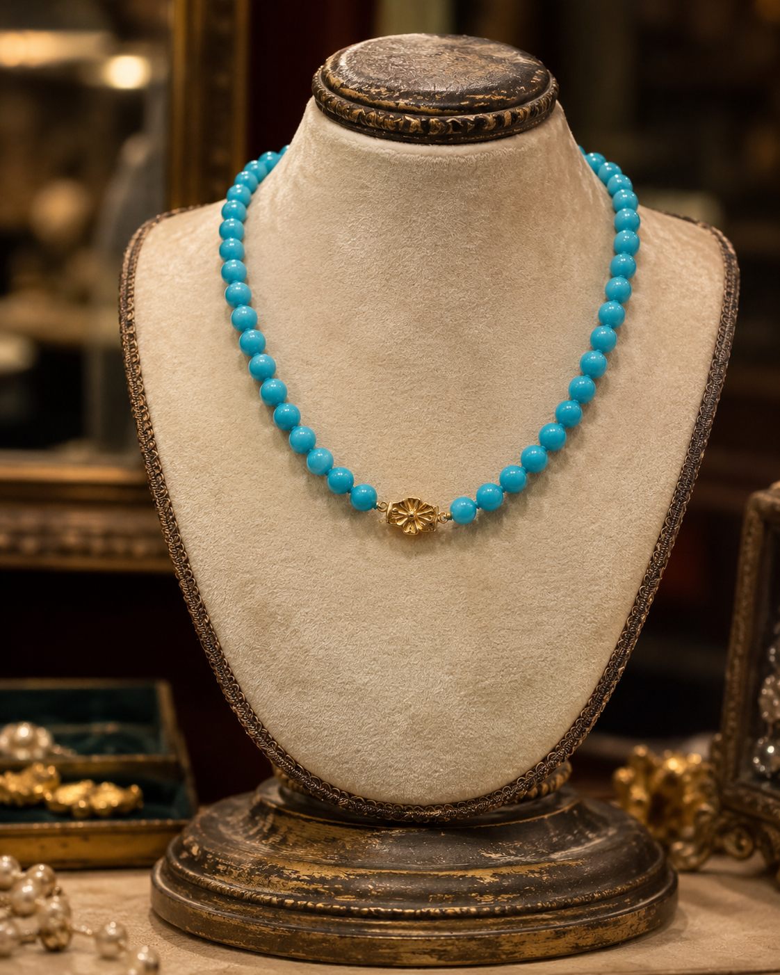 Collana choker in perle di vetro veneziano turchese con chiusura dorata, mid century 50s