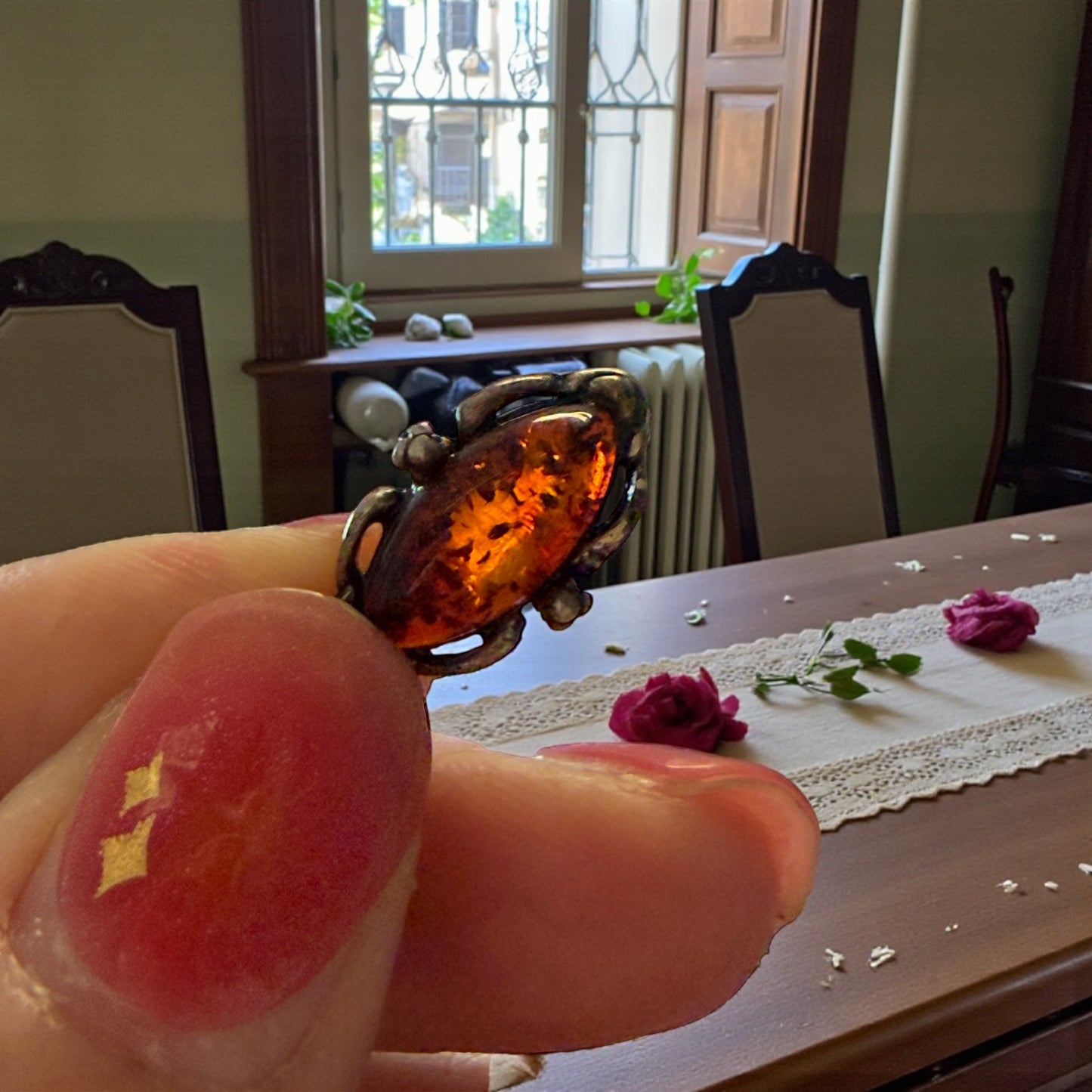 Orecchini in ambra a navette e argento 925 con inclusioni, vintage, tot lungh 4 cm