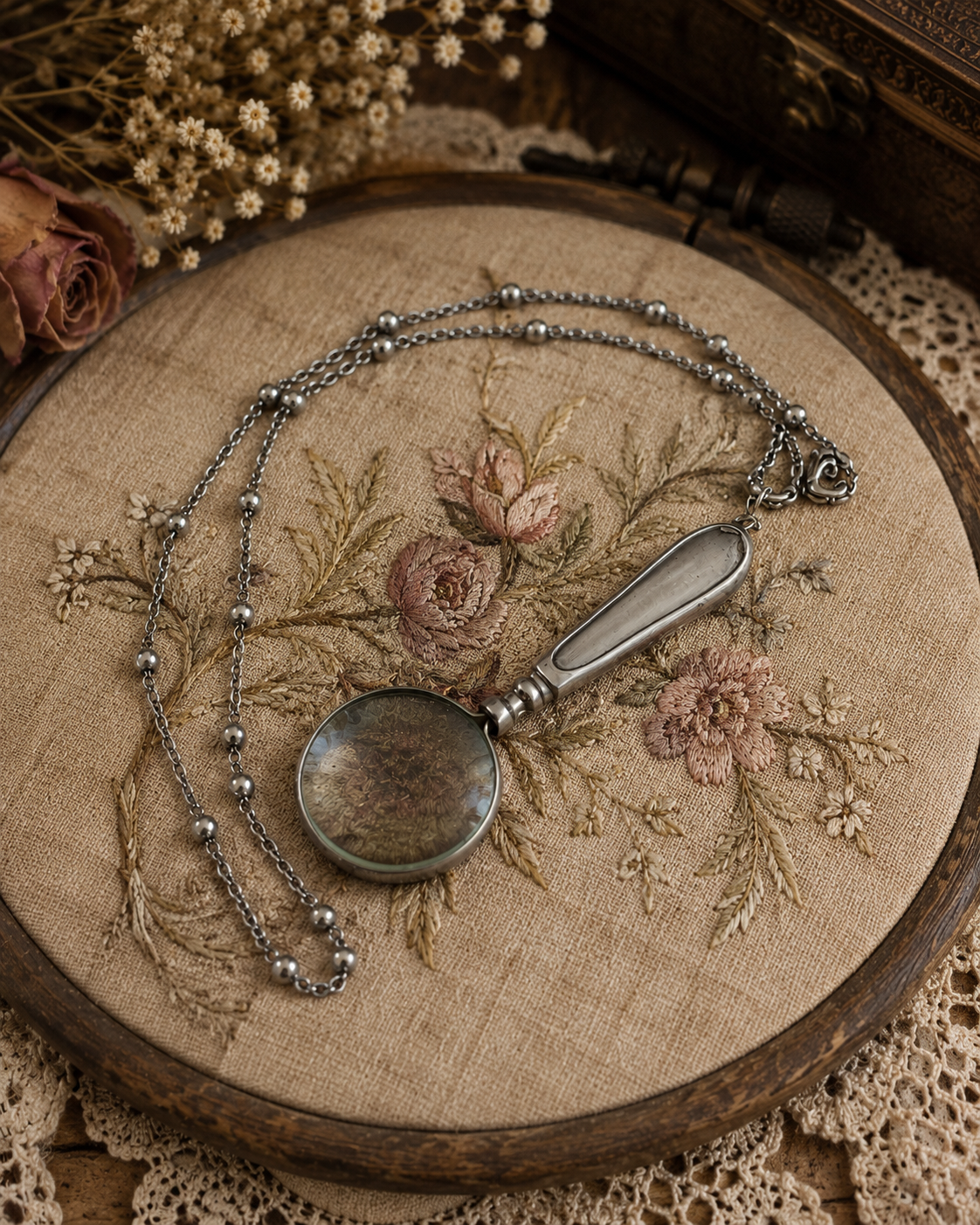 Lente da ricamatrice da collana o Châtelaine anni 40-50 più catena 1 Mt contemporanea