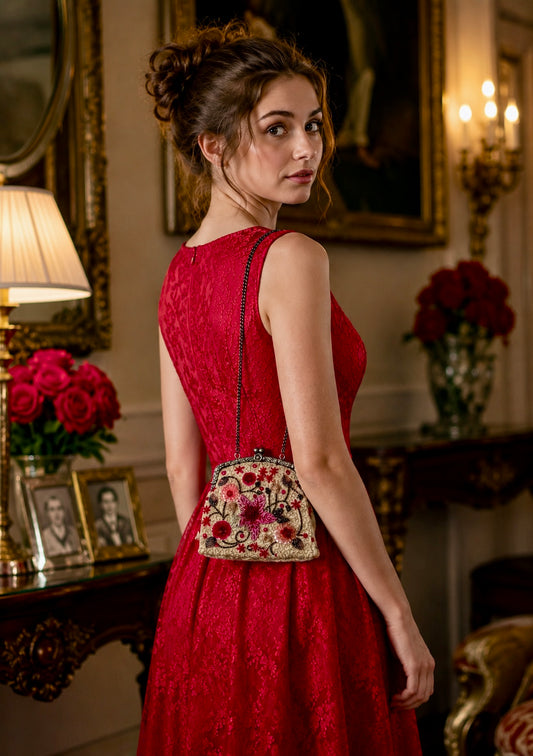 Borsetta anni ‘50 giardino fiorito con ricamo in paillettes e perline