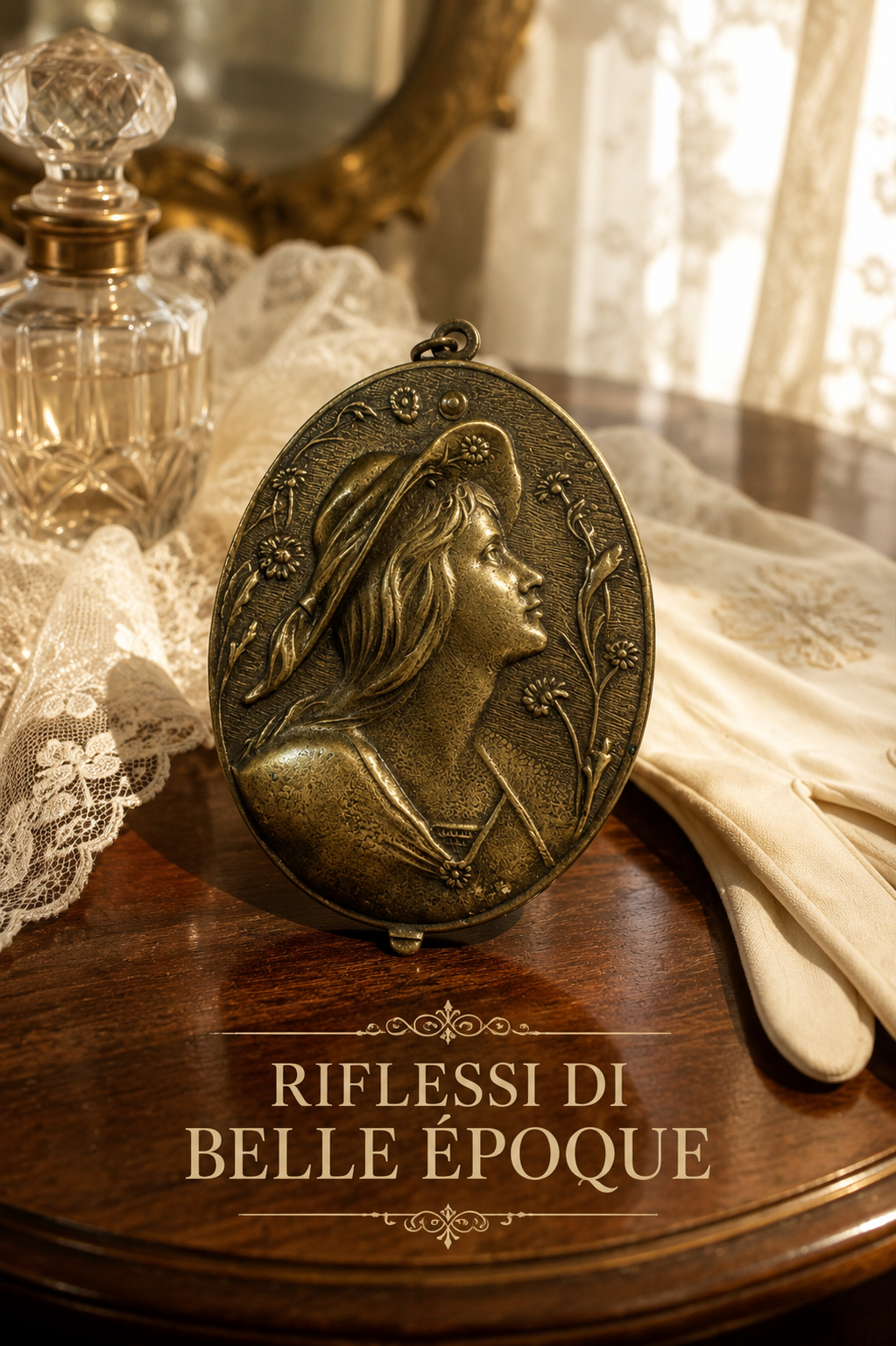 Pendentif miroir da châtelaine fine ‘800 primo ‘900 liberty con ritratto di donna