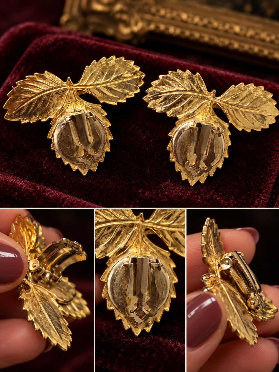Parure gioiello vintage in metallo dorato e strass “Fragraria Vesca” orecchini clip e pendente