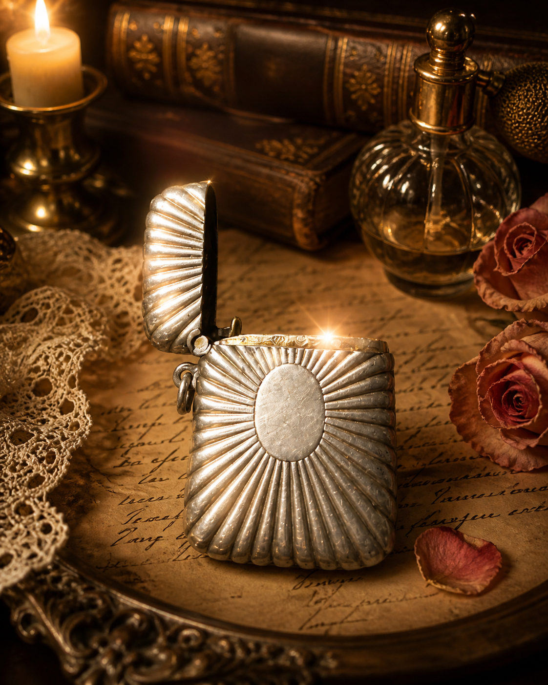 Vesta case sunburst in argento tit. 800, da Chatelaine, ca 1880-1910