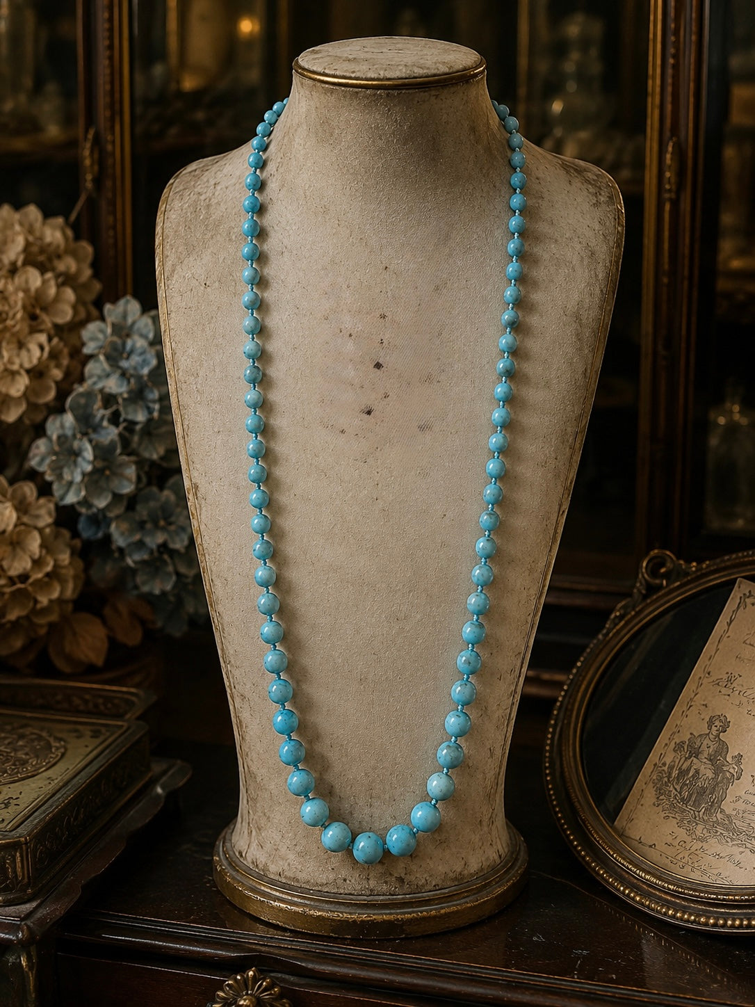 Collana anni ‘50 perle degradé di howlite turchese annodate a mano con chiusura in argento