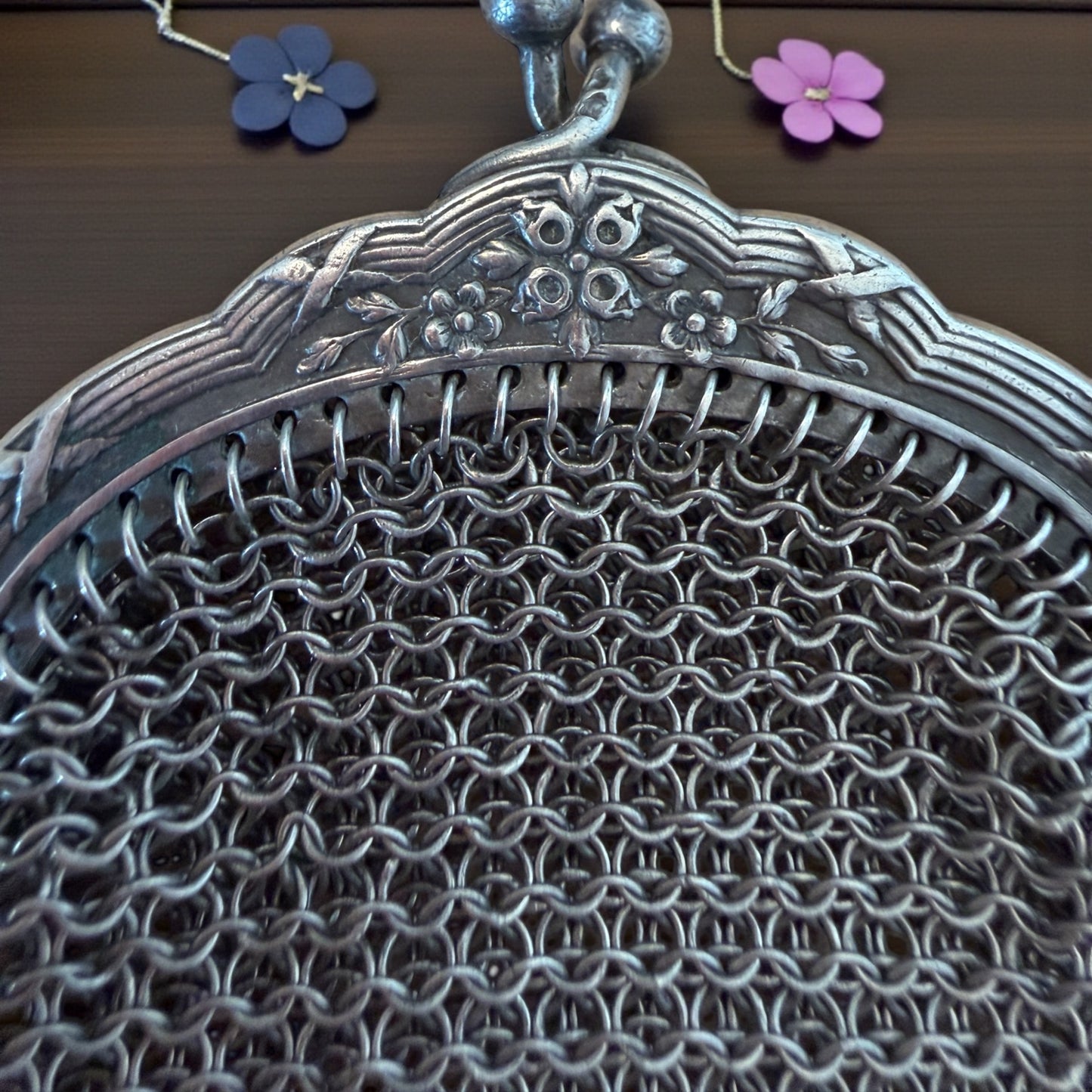 Antico portamonete borsellino da Chatelaine in argento massiccio, fine ‘800