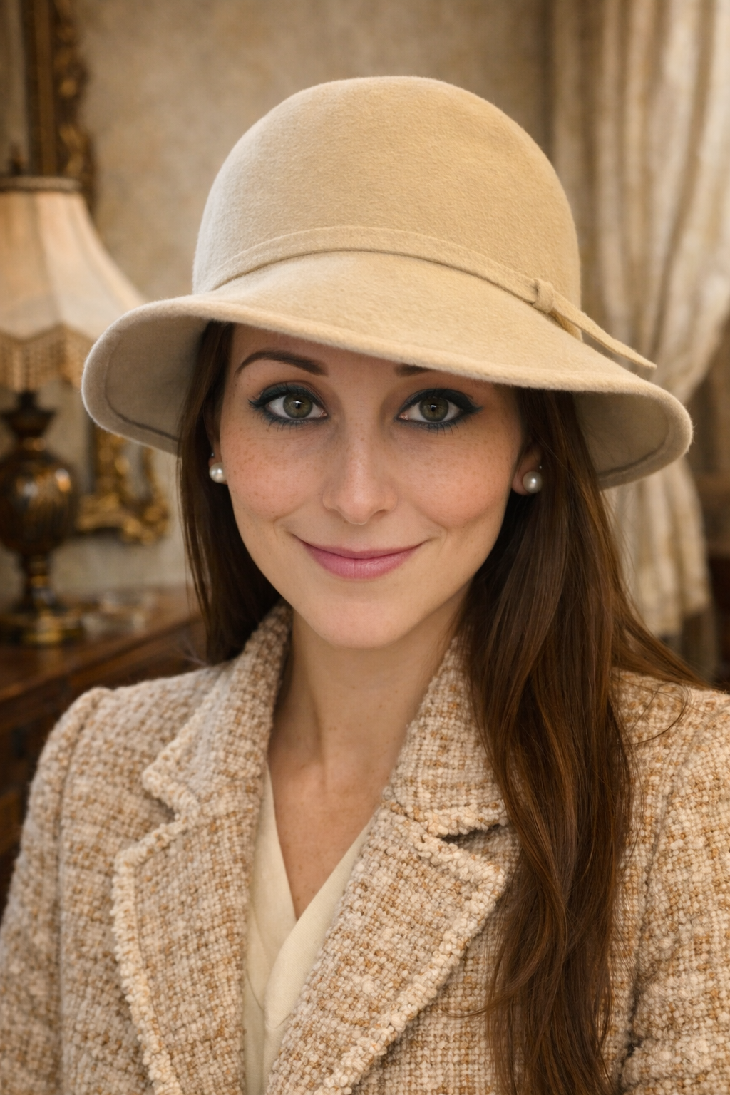 Cappello antico in feltro di lana panna anni 30-40, cloche evoluta