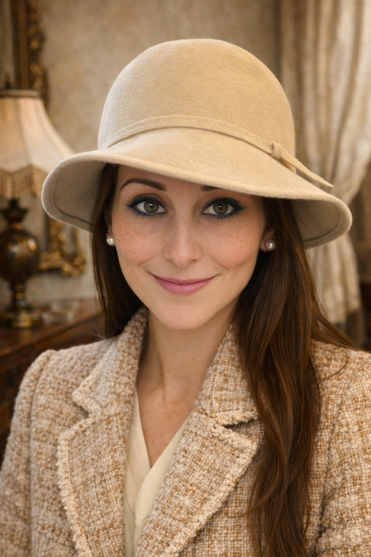 Cappello antico in feltro di lana panna anni 30-40, cloche evoluta