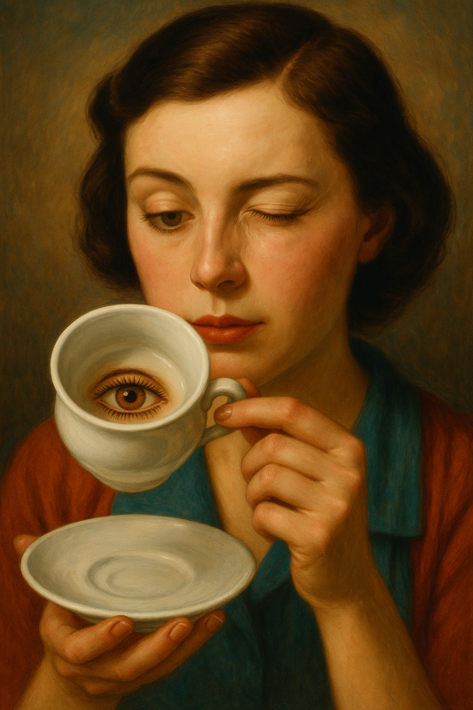 Servizio da sei tazzine surrealiste con occhio sul fondo