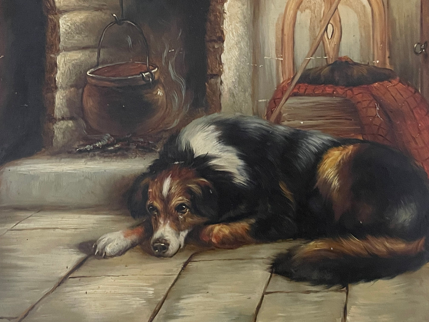 Dipinto inglese con cagnolino in cornice fine ‘800