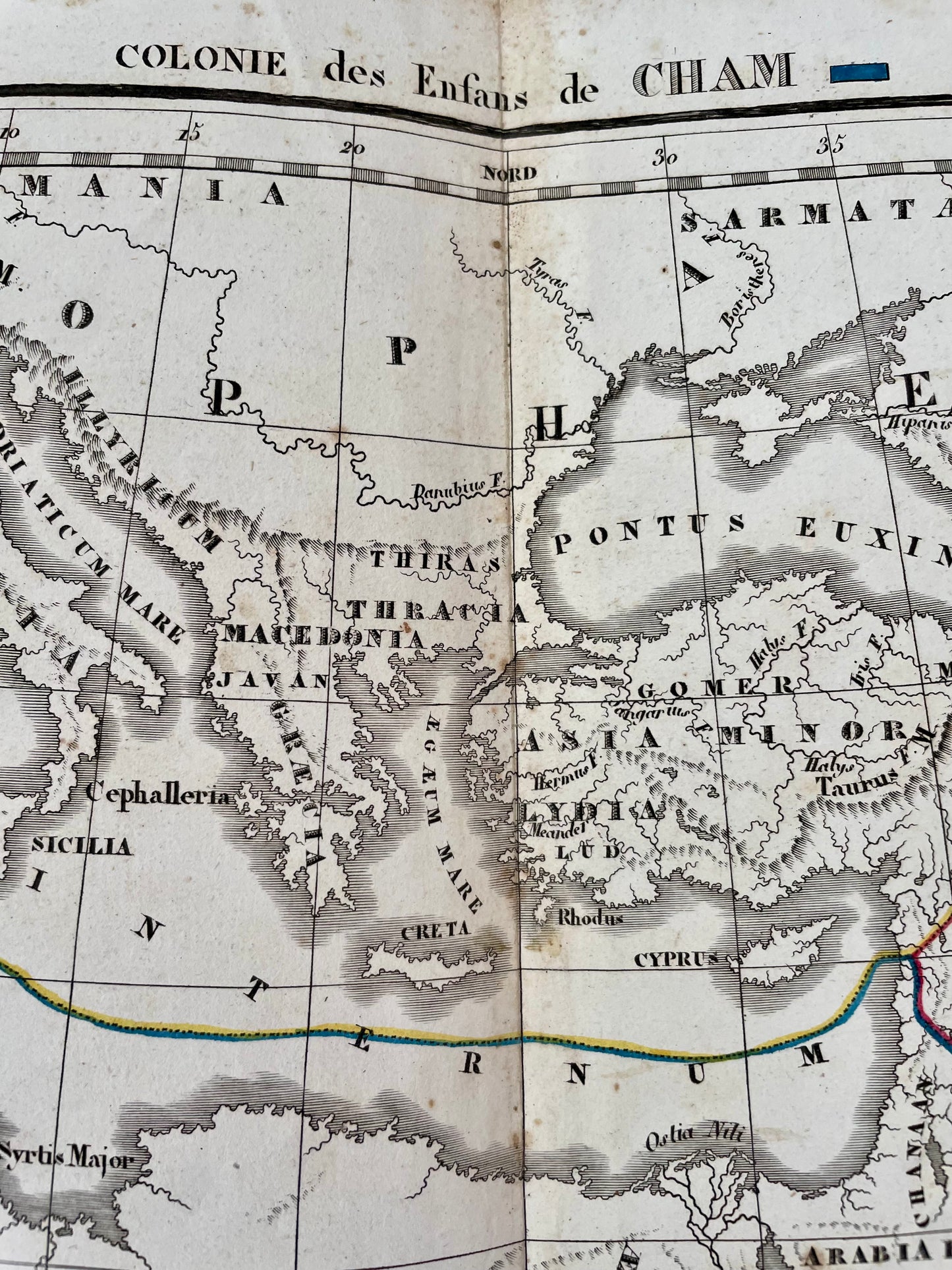 Rara mappa antica del 1829, cartina rappr. Dispersione figli di Noè dopo il Diluvio