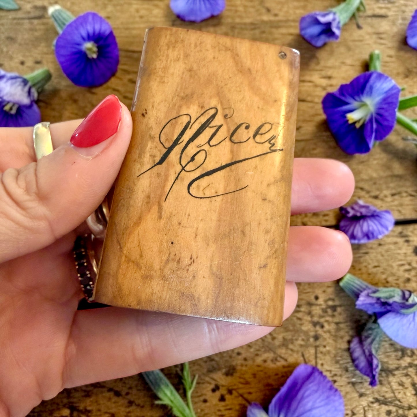 Vesta Case in legno con viole del pensiero dipinte e scritta Nice