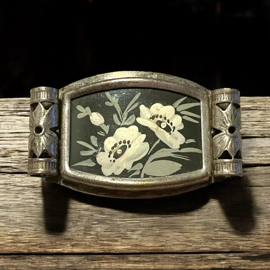 Antica spilla art déco dipinta con tecnica verre églomisé