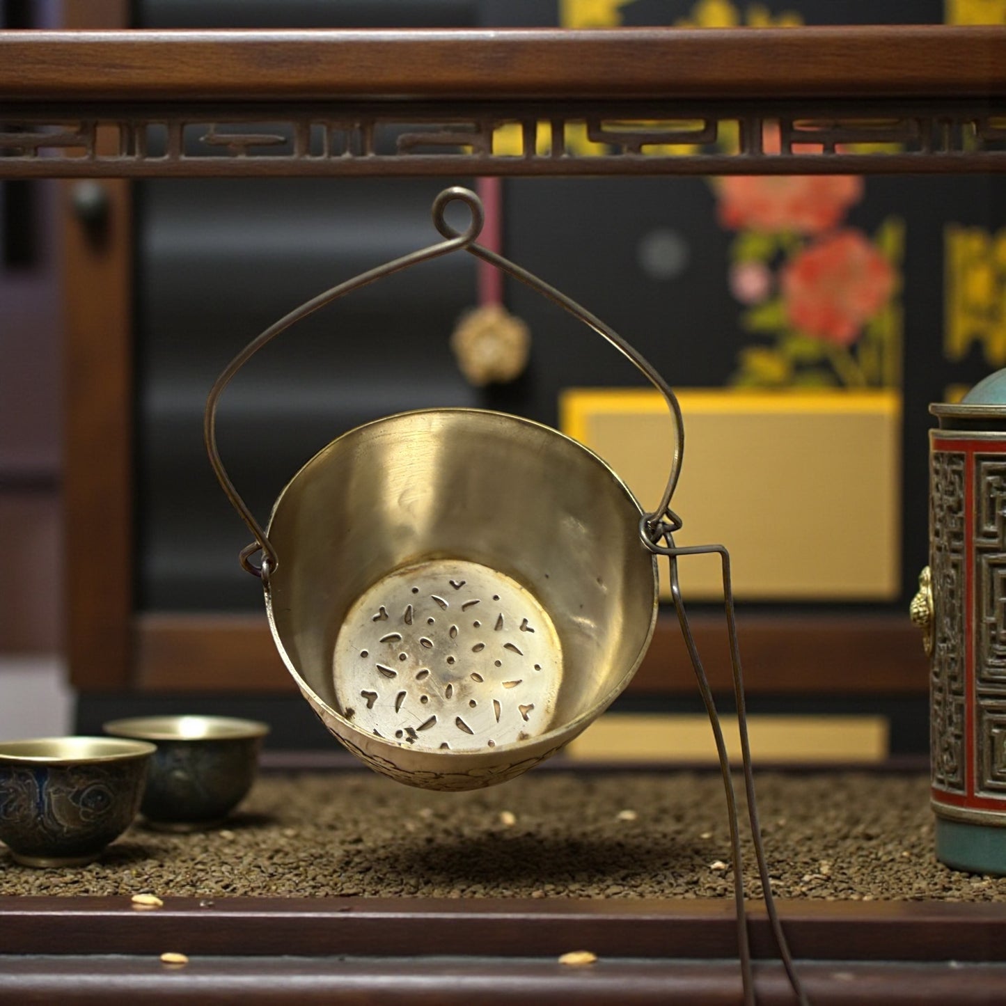 Antico passe-the o colino da tè in metallo argentato, tardo Déco