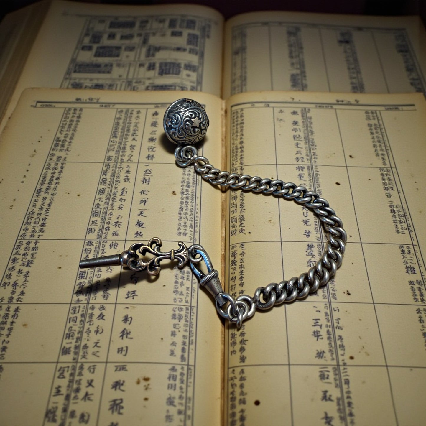 Gioiello maschile, tardo ottocentesco, catena da panciotto con chiave di carica e pendente fob