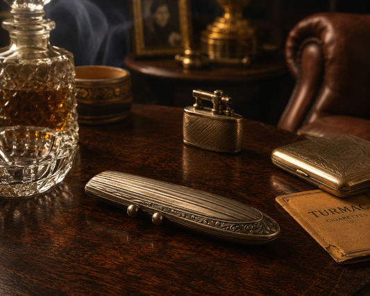Elegante porta sigaro da viaggio anni ‘30 in alpacca, con cigarillo d’epoca e bocchino