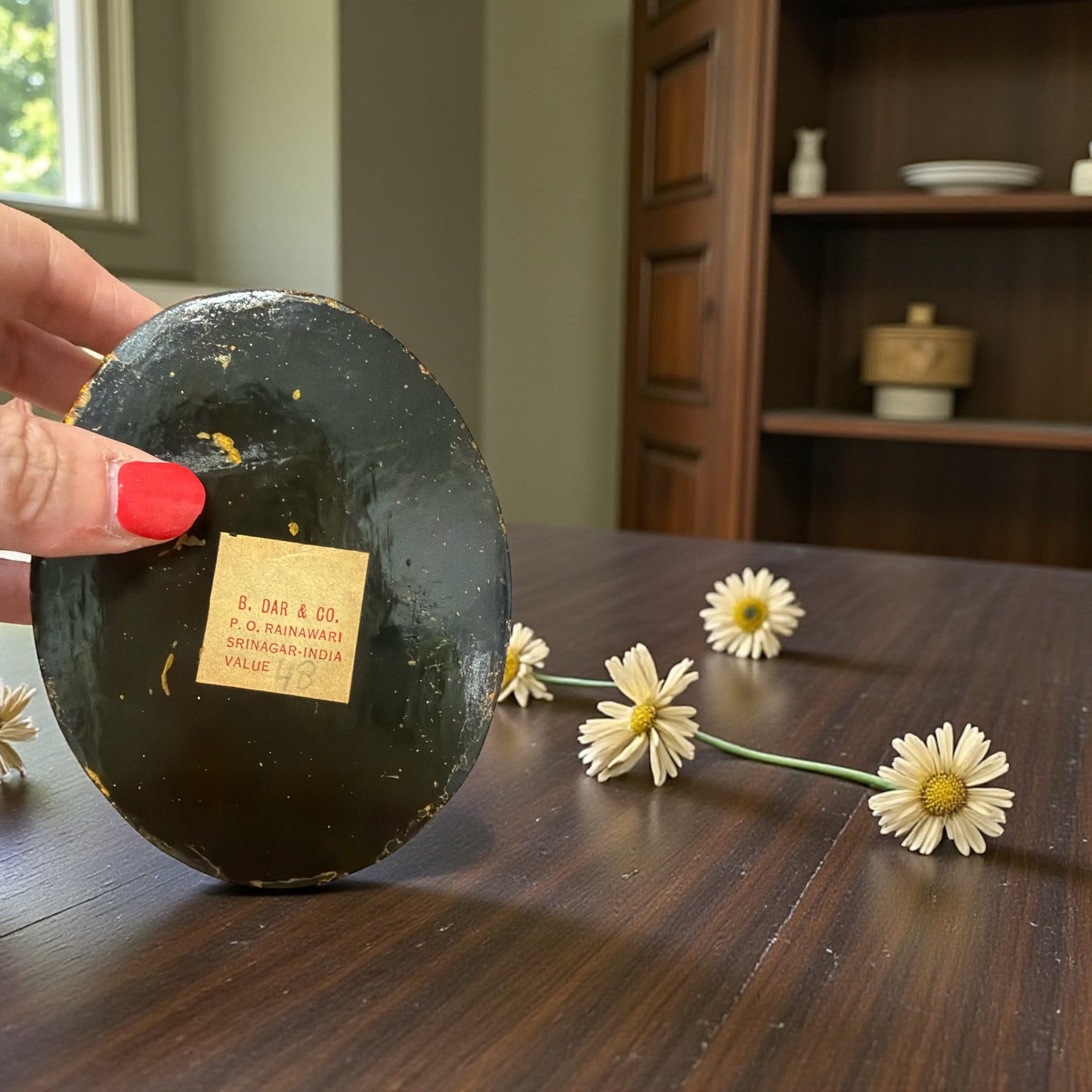 Antica scatola kashmira in papier mâché anni 30-40 riccamente decorata