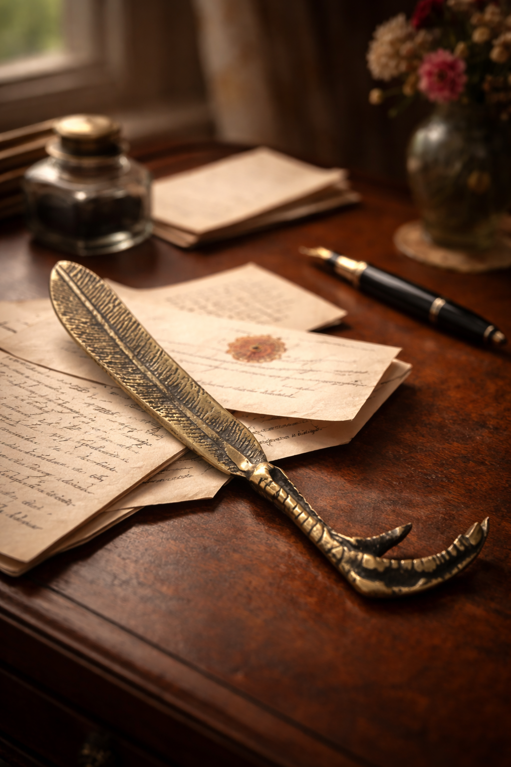 Tagliacarte a guisa di artiglio e piuma, ottone pieno, primo ‘900 spirito wunderkammer