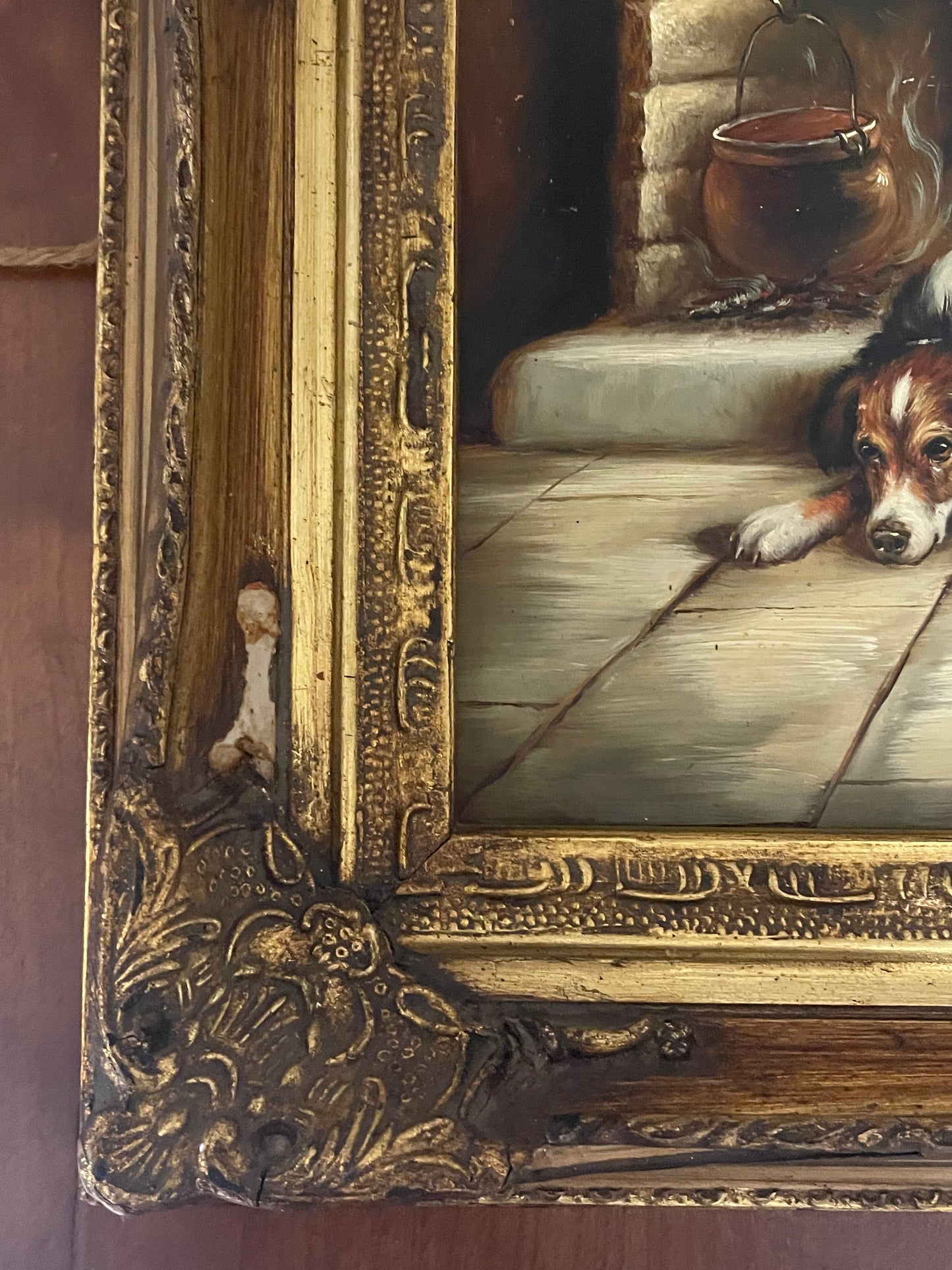 Dipinto inglese con cagnolino in cornice fine ‘800