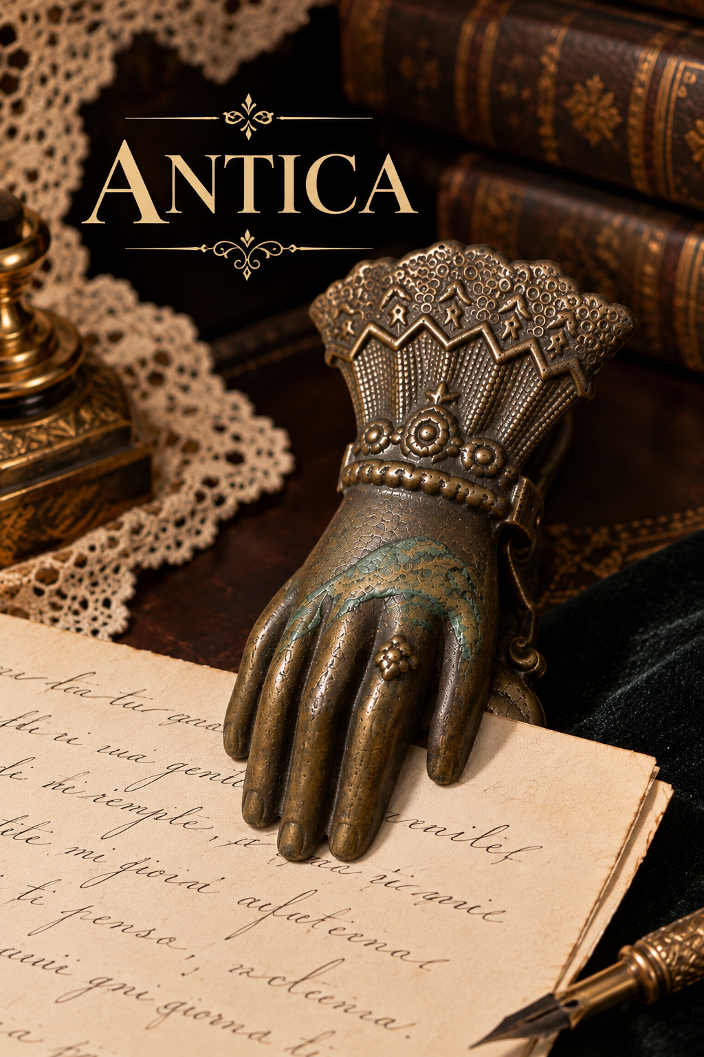 Antica pinza ferma documenti a guisa di mano bronzata