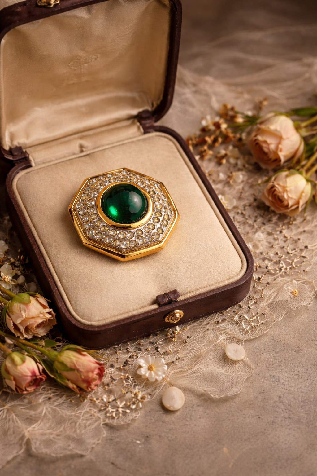 Spilla anni 70 con cabochon Verde e cornice di Swarovski miele, trasparenti e fumé