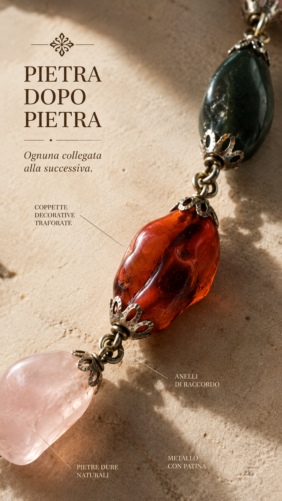 Collana in pietre naturali miste tra cui agata, corniola, quarzo ed altre; 70 cm senza chiusura
