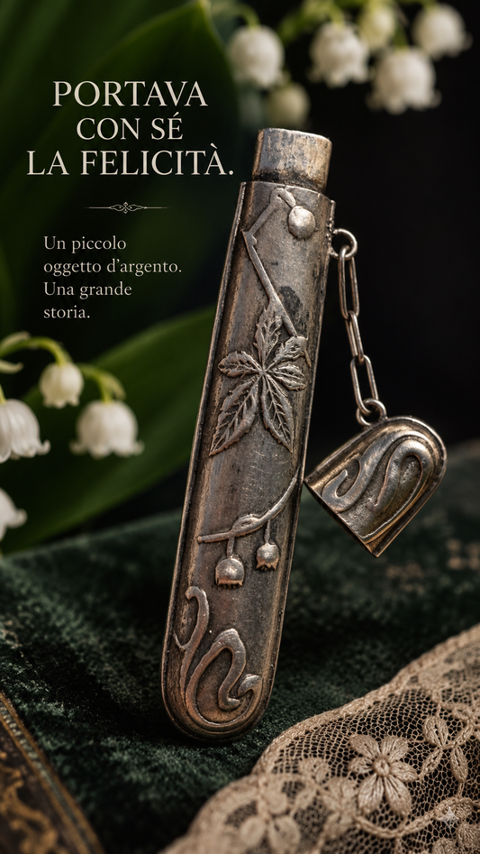 Antico porta aghi liberty in argento con decorazione di mughetti e catenella per Châtelaine
