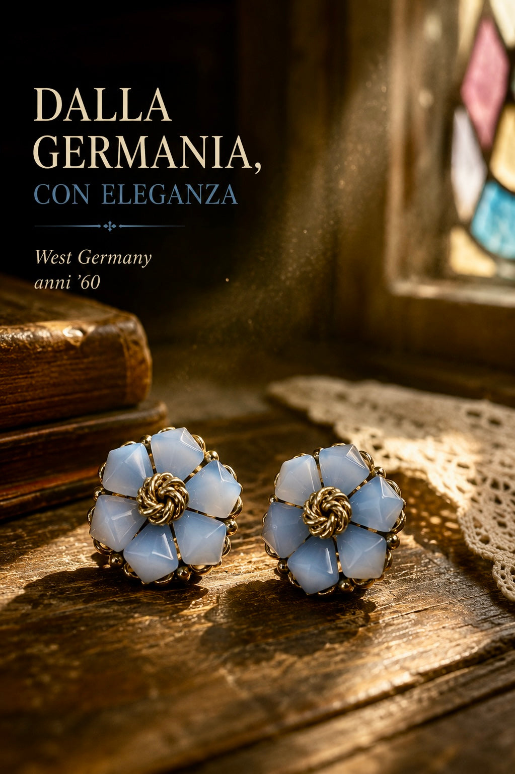 Orecchini clip firmati West Germany anni ‘50-‘60 con chips in vetro azzurro latte