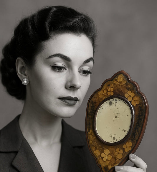 Specchio anni ‘50 in cuoio e resina con veri fiori essiccati