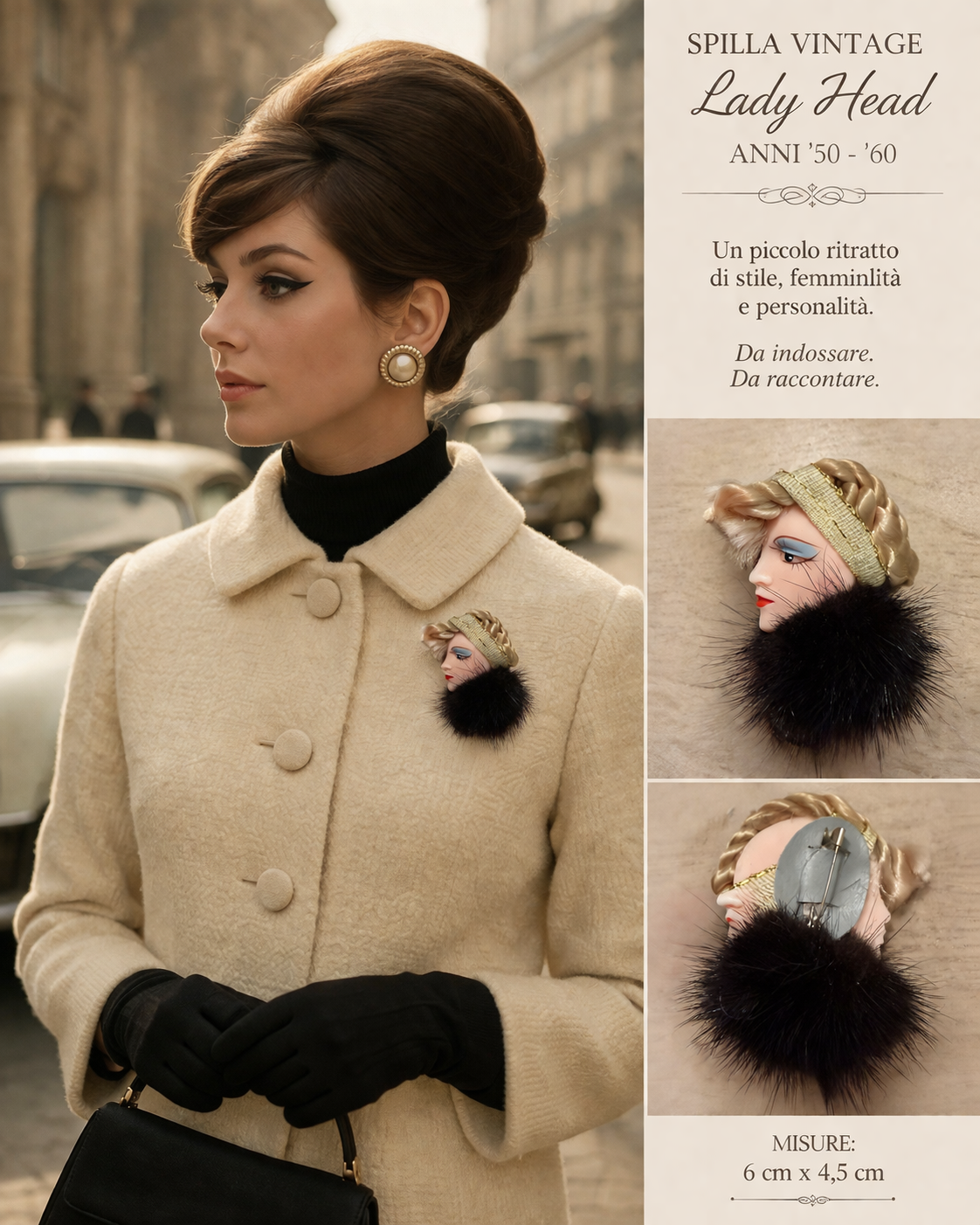 Spilla vintage lady head bionda con pelliccia
