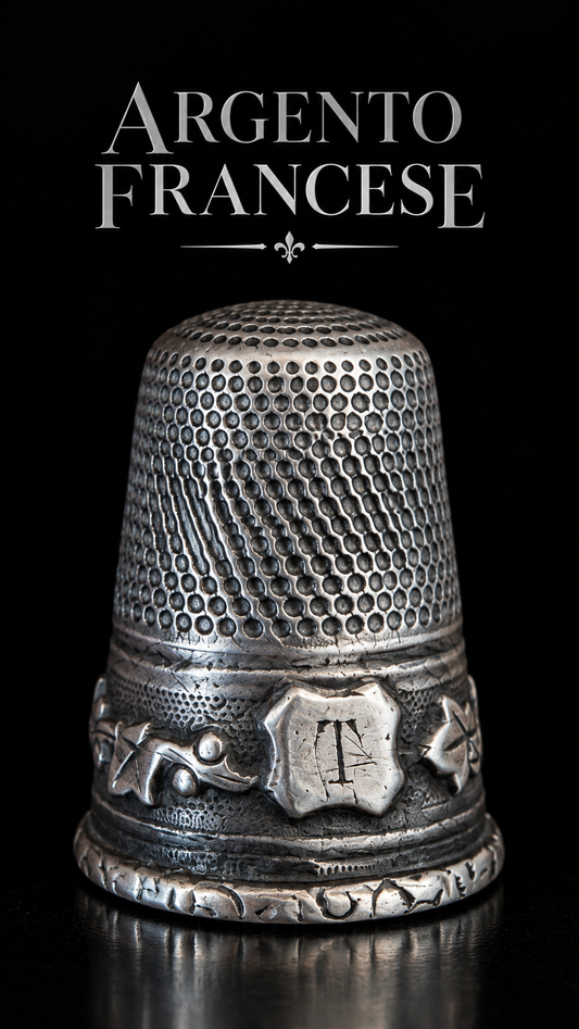 Antico ditale in argento francese 1900 con bella decorazione di vischio e monogramma T in custodia d’epoca