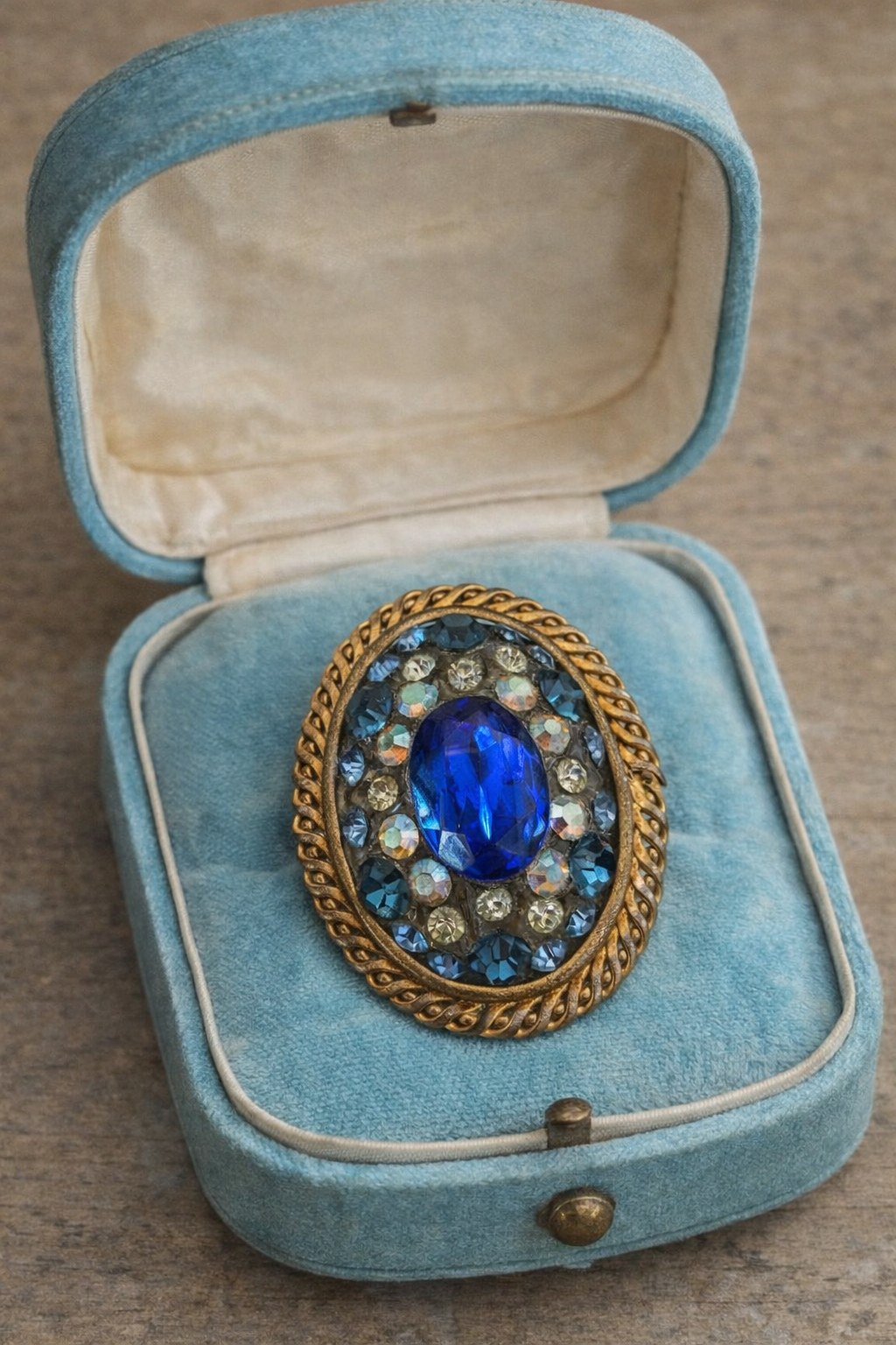 Spilla americana anni ‘60 stile Juliana / Weiss con cristalli blu e azzurri