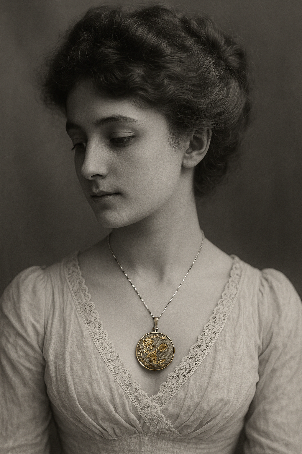 Pendente gioiello argento massiccio con specchio al mercurio, liberty, fine ‘800 - primo ‘900