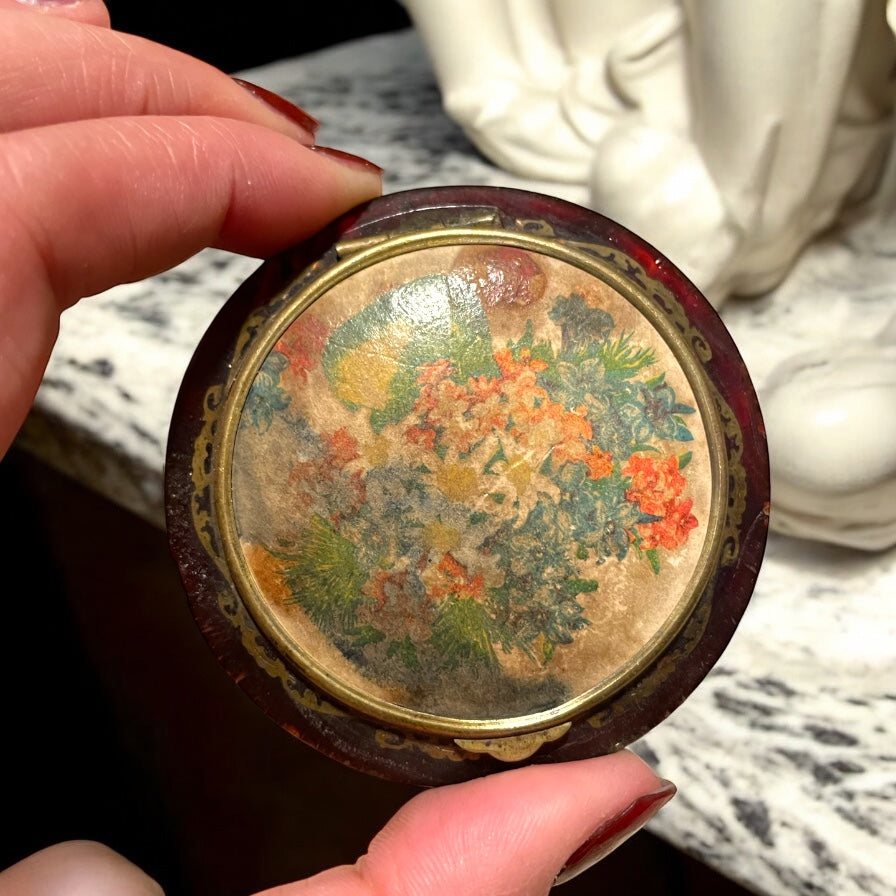 Porta cipria, anni 30, da borsetta con fantasia floreale