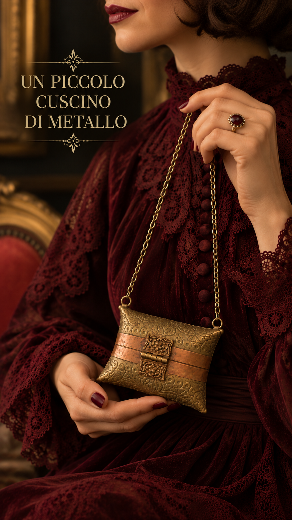 Pillow purse in rame ed ottone con catenella, interno velluto viola / blu, ca metà ‘900