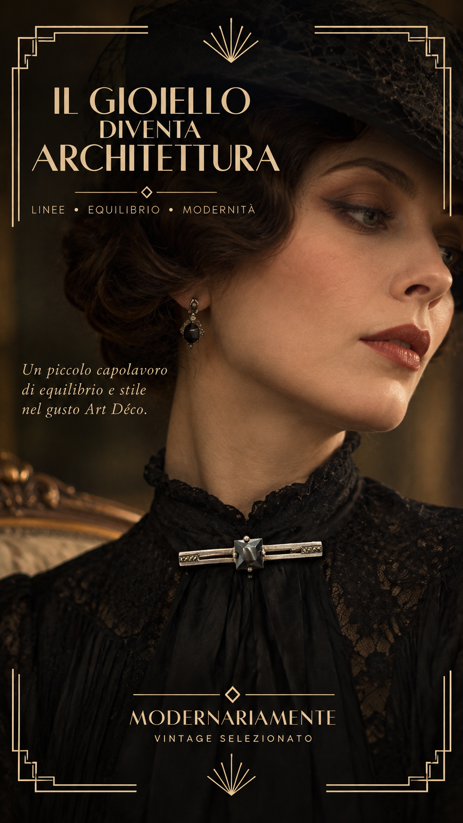 Gioiello art déco spilla in argento punzonato con ematite sfaccettata e marcasiti, anni ‘20-‘30
