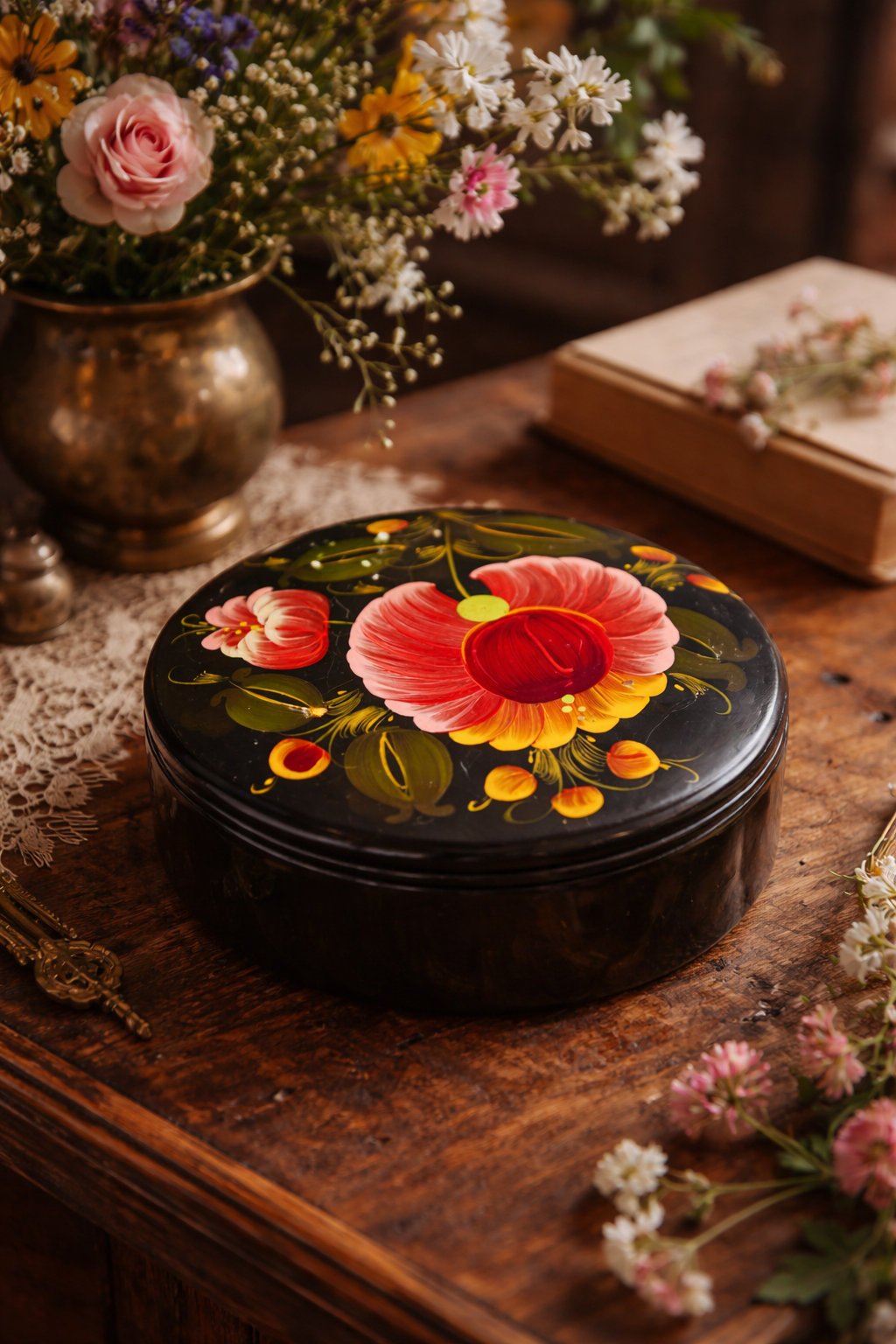 Scatola porta gioie in legno laccato Petrikivka, arte ucraina
