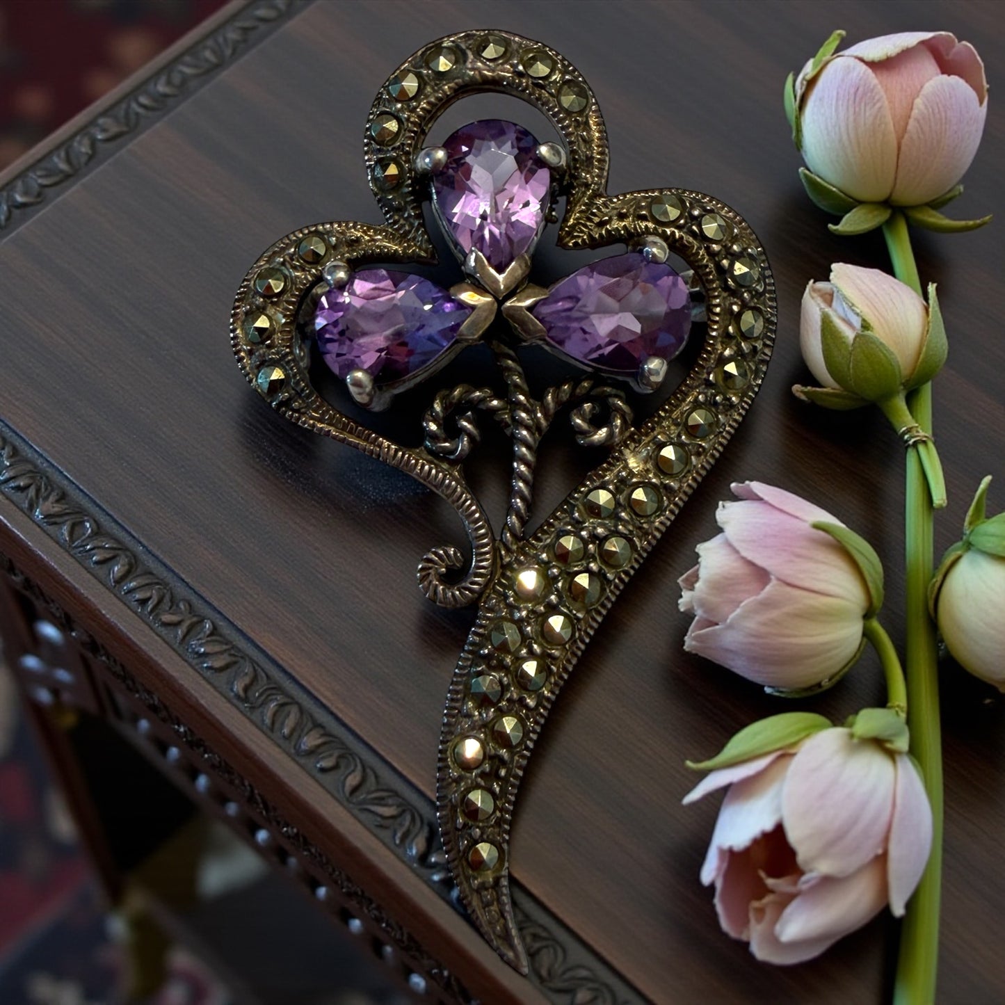 Spilla gioiello liberty argento massiccio con marcasiti, a guisa di viola del pensiero