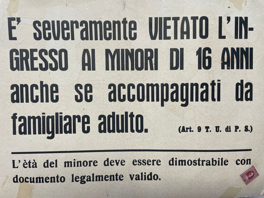 Cartello cinema vietato ai minori anni 50