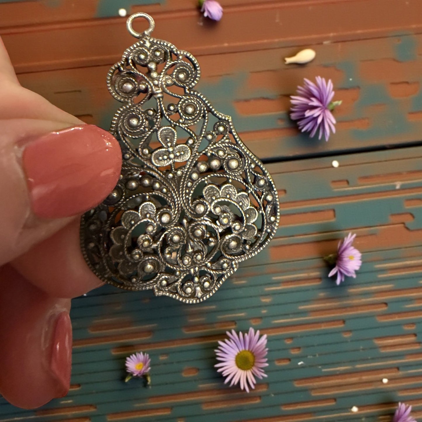 Antico pendente, gioiello, ciondolo placcato argento bifacciale con trifoglio fine ‘800 - primi ‘900