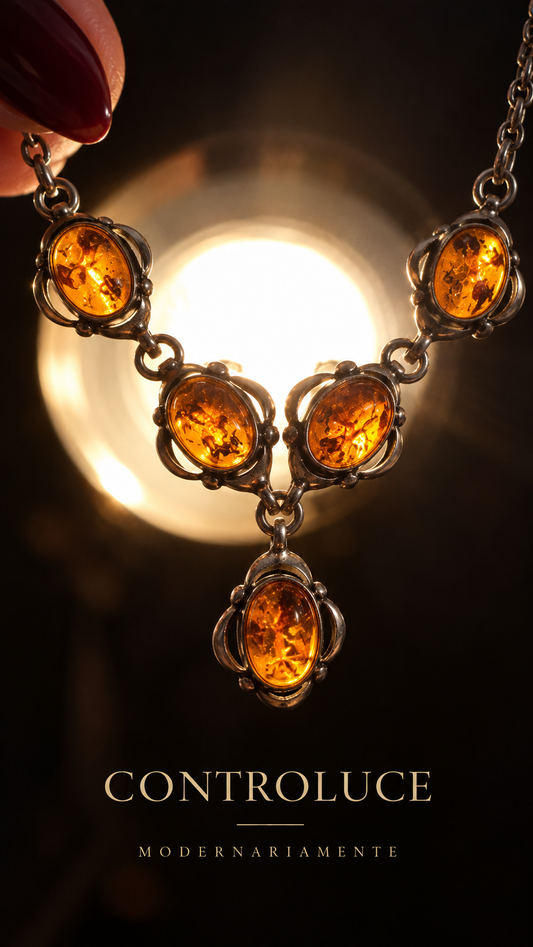 Collana girocollo in argento 925 con n. 5 piccoli cabochons in ambra