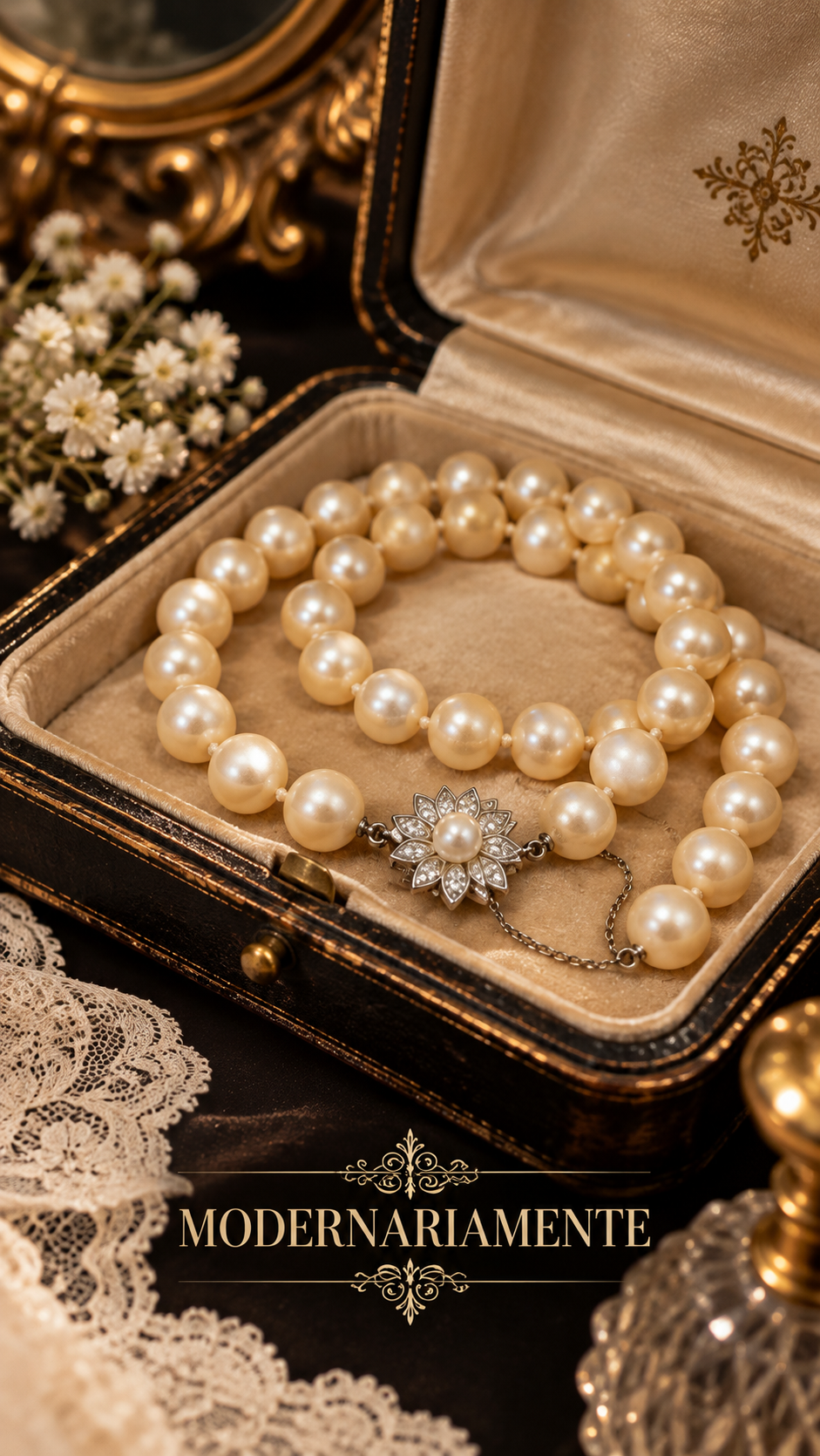Collana vintage perle di vetro con chiusura gioiello e fiore, cristalli e catenella di sicurezza
