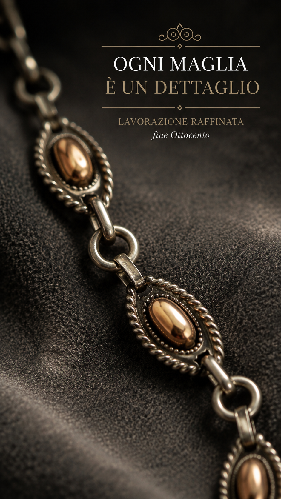 Antica catena da panciotto in argento con elementi placcati oro, 33 cm, fine ‘800