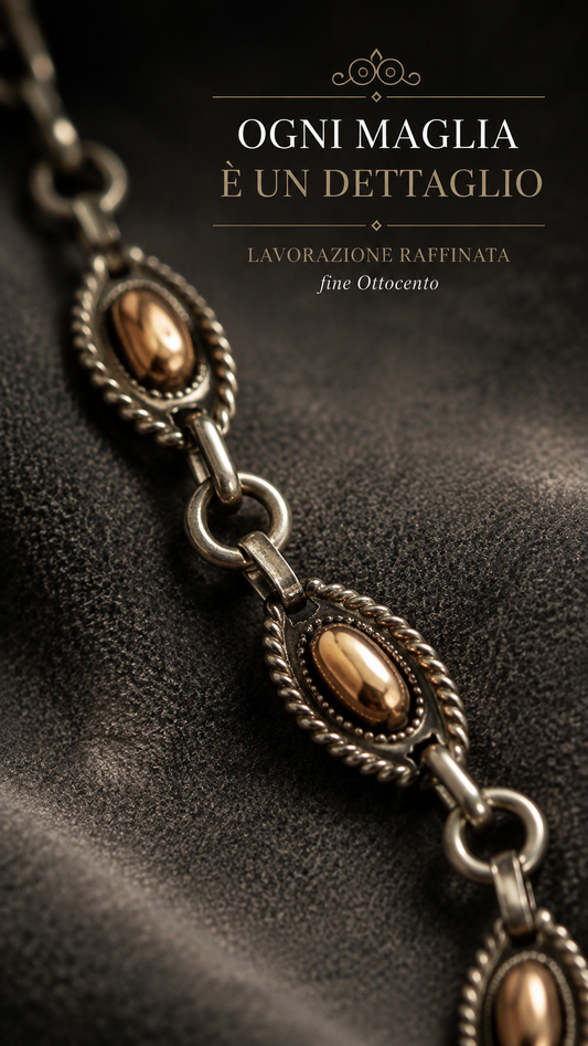 Antica catena da panciotto in argento con elementi placcati oro, 33 cm, fine ‘800
