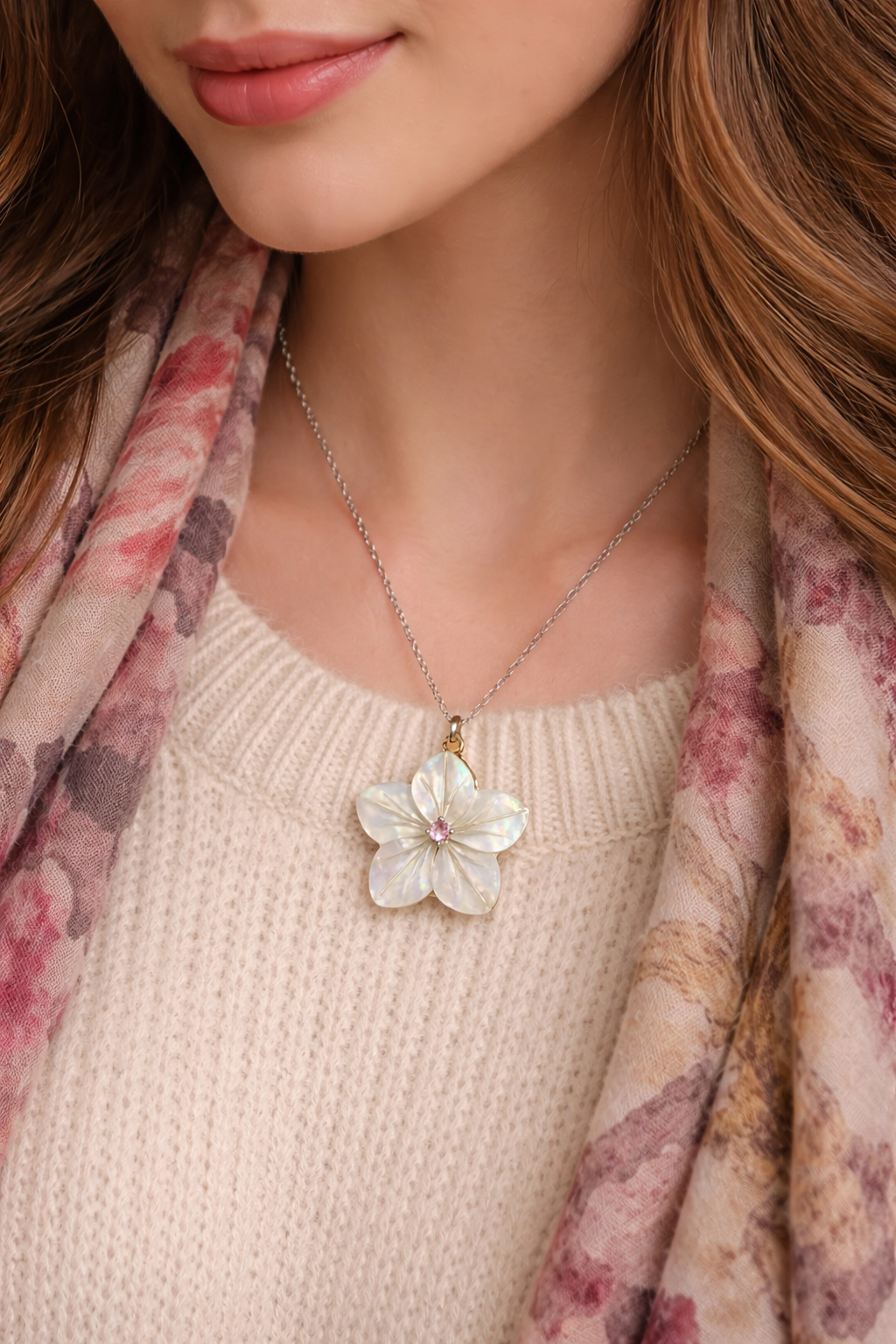 Pendente in madreperla a guisa di fiore montato in argento con cristallo centrale rosa