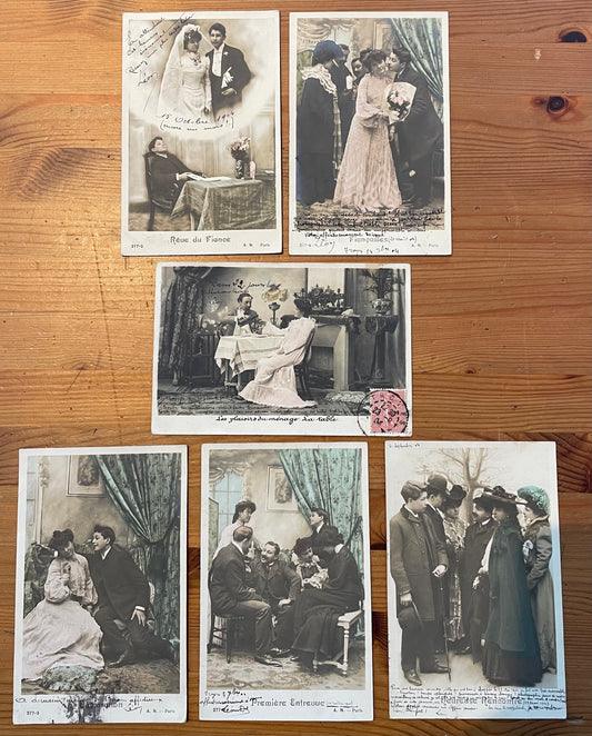 Collezione 6 cartoline 1904 storia d’amore fotografie colorate a mano